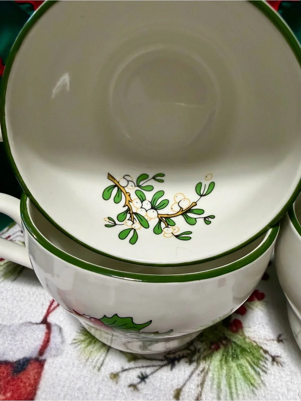 Holiday Holly Ceramic Teacup - White with Green and Red Holly - Cuthbertsone